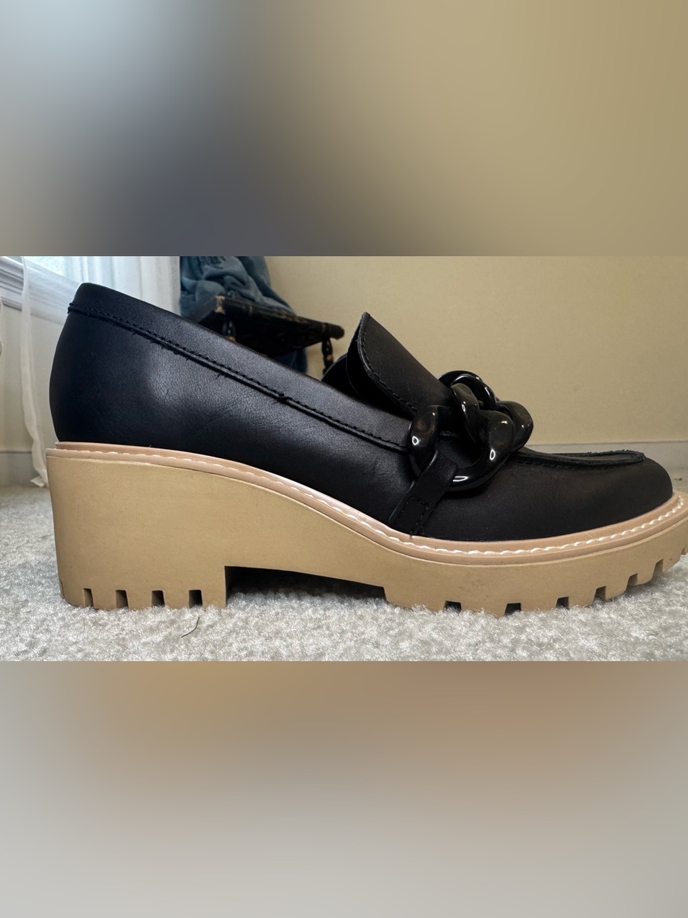 Dolce Vita Black Loafers with Chunky Black Chain and Tan Lug Sole - Picture 3 of 8